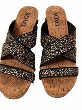 XOXO Black Rhinestone Cork Slide Sandals